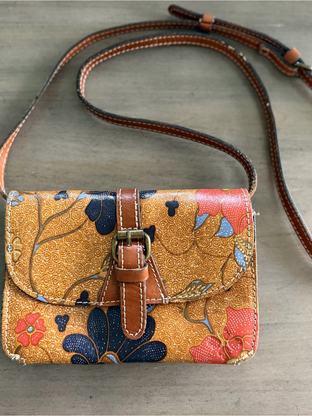 Brown Floral Crossbody Bag with Buckle Detail